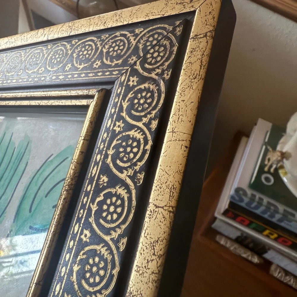 Vintage Gold and Black Picture Frame with original watercolor Floral Art 5x7”